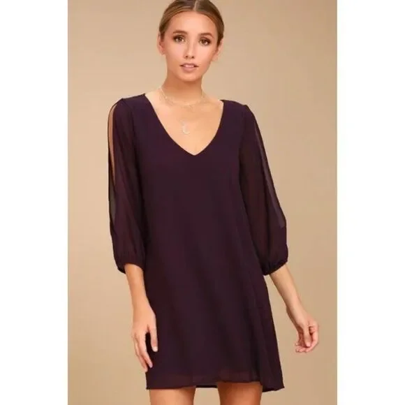 Lulu's Purple Long Sleeve V-Neck Cold Shoulder Shift Dress - Picture 2 of 9